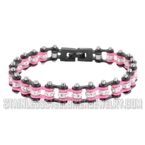Heavy Metal Jewelry Ladies Motorcycle 8mm Bike Chain Tennis Bracelet Stainless Steel Black & Pink