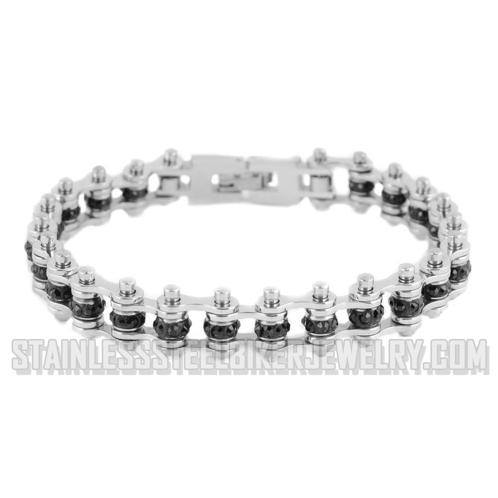 Heavy Metal Jewelry Ladies Motorcycle Mini Bike Chain Tennis Bracelet Stainless Steel Silver & Black Crystals