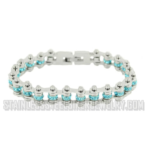 March Ladies Stainless Steel Motorcycle Bracelet with Aquamarine Crystals