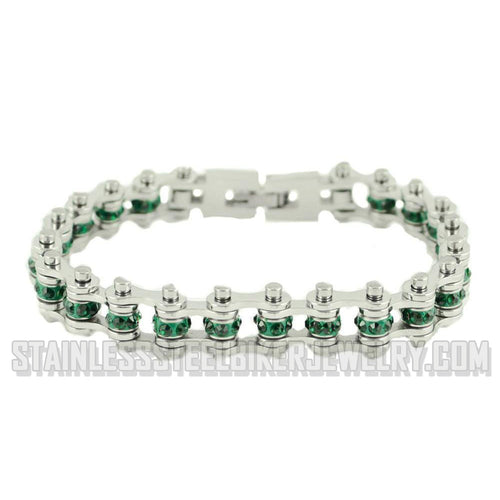 Heavy Metal Jewelry Ladies Mini Bike Chain Stainless Steel Bracelet May Emerald Imitation Crystals