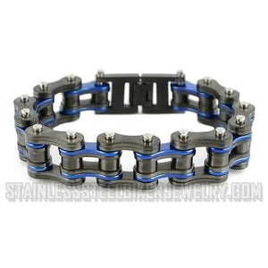 Heavy Metal Jewelry Men's Motorcycle Bike Chain Bracelet Stainless Steel Gunmetal & Electric Police Blue