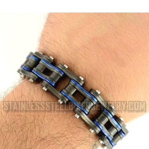 Heavy Metal Jewelry Men's Motorcycle Bike Chain Bracelet Stainless Steel Gunmetal & Electric Police Blue