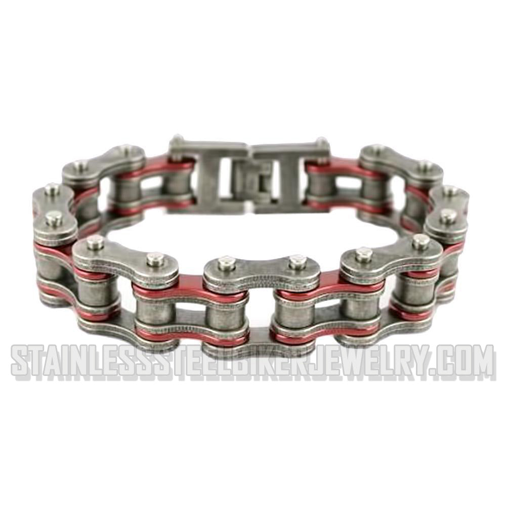 Heavy Metal Jewelry Men's Motorcycle Bike Chain Bracelet Stainless Steel Distressed Finish Antique Red Double Link