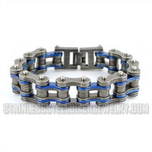 Load image into Gallery viewer, Heavy Metal Jewelry Men&#39;s Motorcycle Bike Chain Bracelet Stainless Steel Distressed Finish Blue Double Link