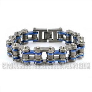Heavy Metal Jewelry Men's Motorcycle Bike Chain Bracelet Stainless Steel Distressed Finish Blue Double Link