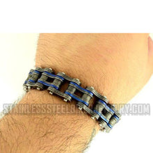 Load image into Gallery viewer, Heavy Metal Jewelry Men&#39;s Motorcycle Bike Chain Bracelet Stainless Steel Distressed Finish Blue Double Link