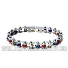 Load image into Gallery viewer, Heavy Metal Jewelry Ladies Motorcycle Mini Bike Chain Bracelet Stainless Steel Red/White/Blue