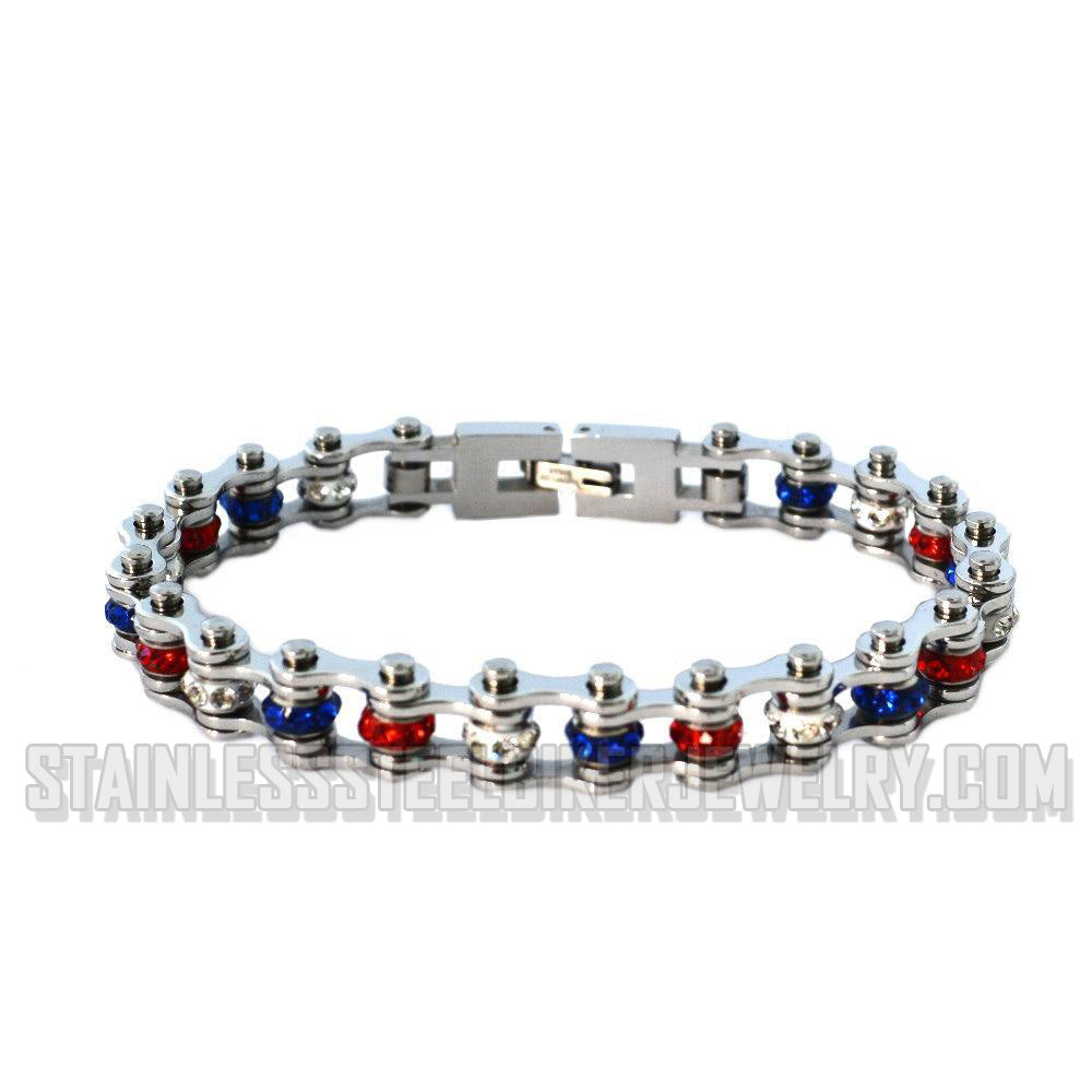 Heavy Metal Jewelry Ladies Motorcycle Mini Bike Chain Bracelet Stainless Steel Red/White/Blue