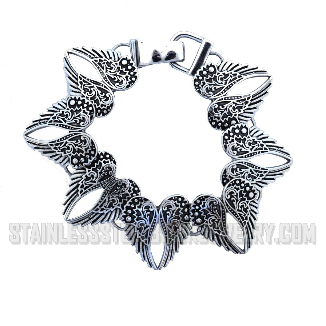 Heavy Metal Jewelry Ladies Heart and Angel Wings Bracelet Stainless Steel