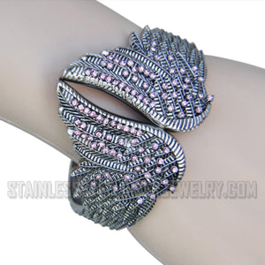 Heavy Metal Jewelry Ladies Angel Wings Biker Cuff Bangle Bracelet Pink Crystals Stainless Steel