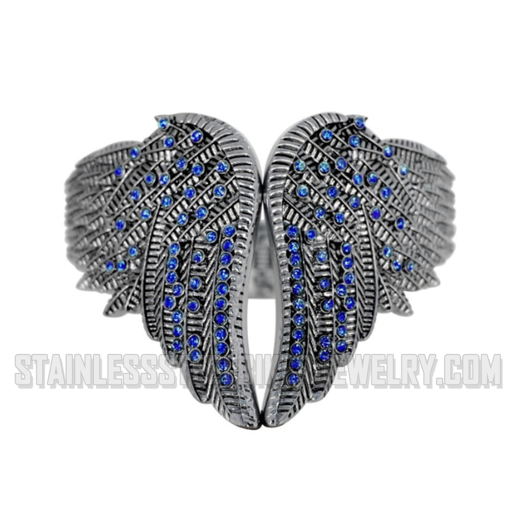Heavy Metal Jewelry Ladies Angel Wings Cuff/Bangle/Bracelet Blue Stones Stainless Steel