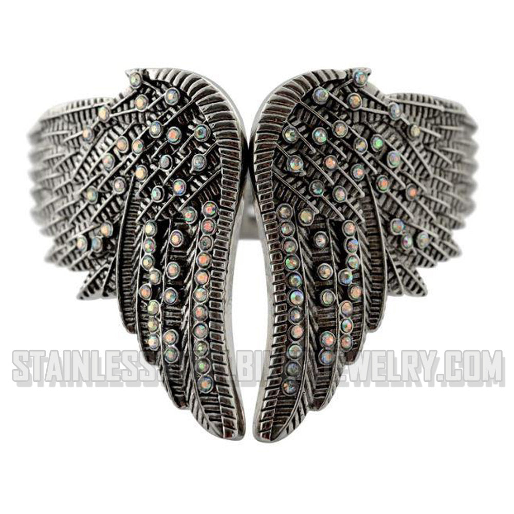 Heavy Metal Jewelry Ladies Wings Biker Bangle Cuff Bracelet Iridescent Crystals