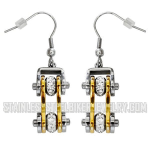 Heavy Metal Jewelry Ladies Motorcycle Bike Chain Earrings Stainless Steel Two Tone Silver Gold With Crystal Centers