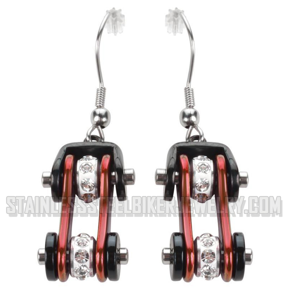 Heavy Metal Jewelry Ladies Motorcycle Bike Chain Earrings Stainless Steel Black/Candy Red