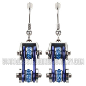 Heavy Metal Jewelry Ladies Motorcycle Bike Chain Earrings Stainless Steel Chrome/Blue