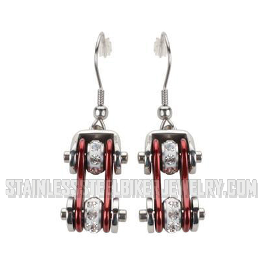Heavy Metal Jewelry Ladies Motorcycle Bike Chain Earrings Stainless Steel Chrome/Candy Red