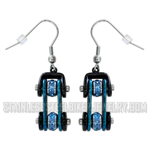 Heavy Metal Jewelry Ladies Motorcycle Bike Chain Earrings Stainless Steel Two Tone Black Blue With Blue Crystal Centers