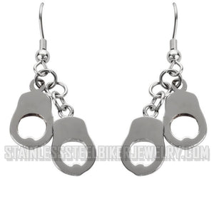 Biker Jewelry Ladies Small Double Handcuff French Wire Earrings Stainless Steel