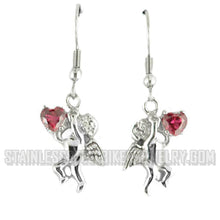 Load image into Gallery viewer, Heavy Metal Jewelry Ladies Cherub Angel French Wire Earrings Stainless Steel Red Heart