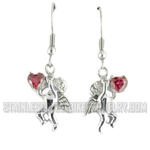 Heavy Metal Jewelry Ladies Cherub Angel French Wire Earrings Stainless Steel Red Heart