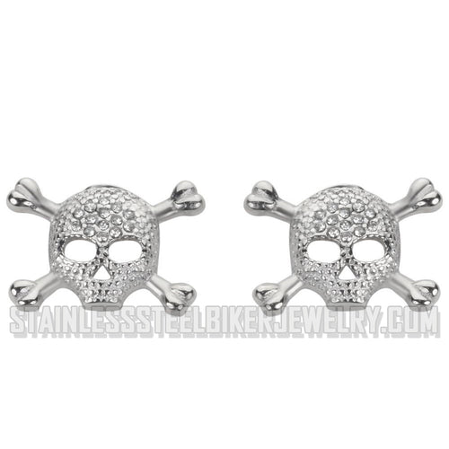 Heavy Metal Jewelry Ladies Bling Skull & Crossbones Post & Nut Earrings Stainless Steel