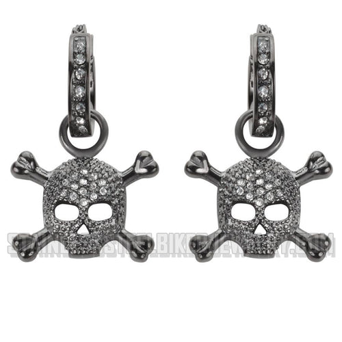 Heavy Metal Jewelry Ladies Black Bling Skull & Crossbones Hoop Earrings Stainless Steel