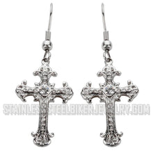 Load image into Gallery viewer, Biker Jewelry Ladies Bling Cross French Wire Earrings Stainless Steel Religious Jewelry