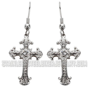 Biker Jewelry Ladies Bling Cross French Wire Earrings Stainless Steel Religious Jewelry