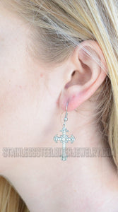 Heavy Metal Jewelry Ladies Bling Cross French Wire Earrings Stainless Steel Religious Jewelry