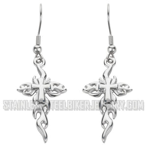 Heavy Metal Jewelry Ladies Flaming Cross French Wire Earrings Stainless Steel Religious Jewelry