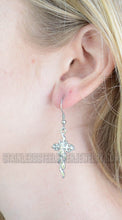 Load image into Gallery viewer, Biker Jewelry Ladies Flaming Cross French Wire Earrings Stainless Steel Religious Jewelry