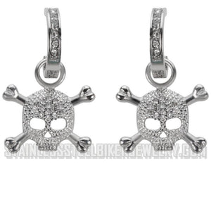 Biker Jewelry's Ladies Bling Skull & Crossbones Hoop Earrings Stainless Steel