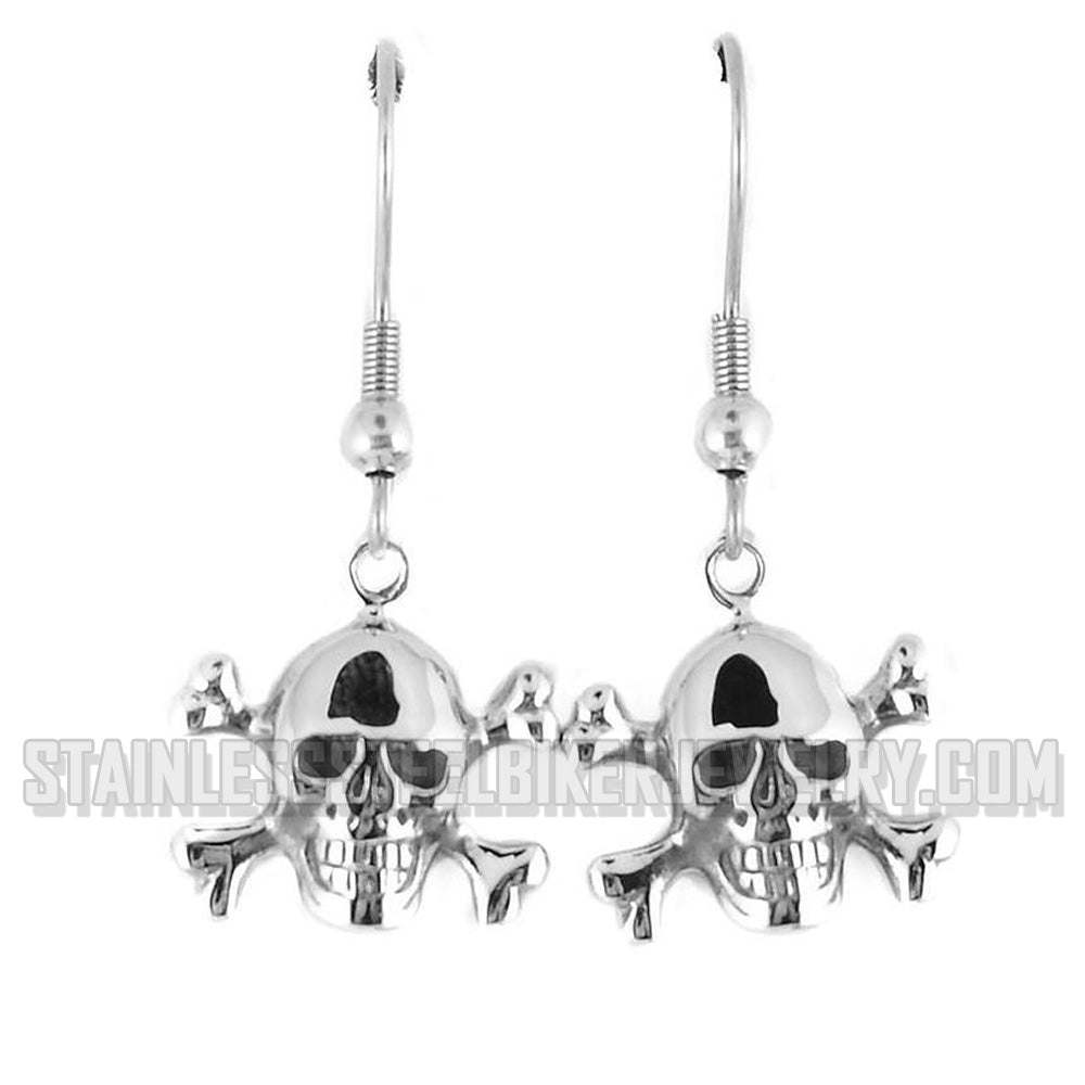 Heavy Metal Jewelry Ladies Skull & Crossbones French Wire Earrings Stainless Steel