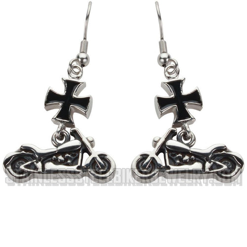 Ladies Small Motorcycle Black Iron Cross French Wire Earrings Stainless Steel