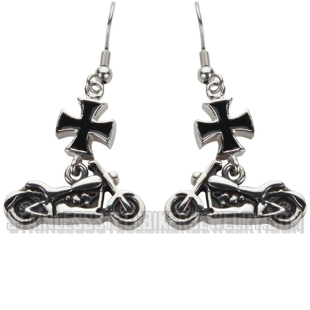 Ladies Small Motorcycle Black Iron Cross French Wire Earrings Stainless Steel