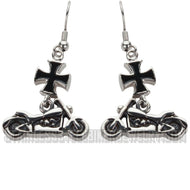 Ladies Motorcycle & Black Iron Cross French Wire Earrings Stainless Steel