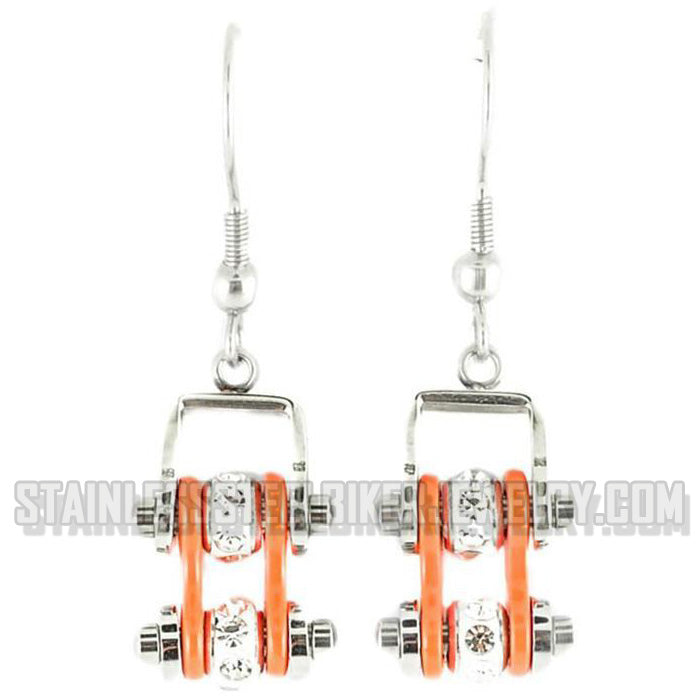 Heavy Metal Jewelry Ladies Motorcycle Mini Bike Chain Earrings Stainless Steel Chrome/Orange