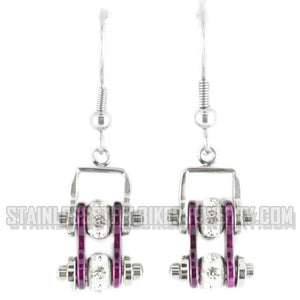Biker Jewelry Ladies Motorcycle Bike Chain Earrings Stainless Steel Chrome & Candy Purple