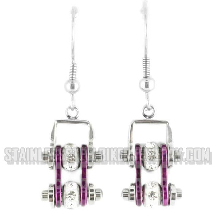 Heavy Metal Jewelry Ladies Motorcycle Bike Chain Earrings Stainless Steel Chrome/Candy Purple