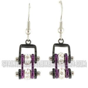 Heavy Metal Jewelry Ladies Motorcycle Mini Bike Chain Earrings Stainless Steel Black/Candy Purple
