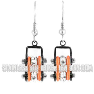 Heavy Metal Jewelry Ladies Motorcycle Mini Bike Chain Earrings Stainless Steel Black/Orange