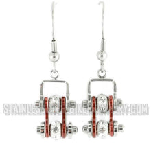 Load image into Gallery viewer, Biker Jewelry Ladies Motorcycle Mini Bike Chain Earrings Stainless Steel Chrome / Candy Red
