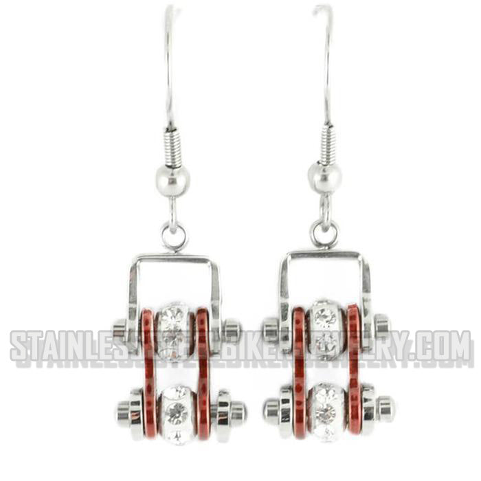 Heavy Metal Jewelry Ladies Motorcycle Mini Bike Chain Earrings Stainless Steel Chrome/Candy Red