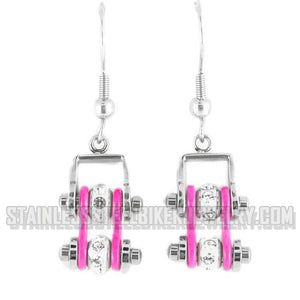 Biker Jewelry Ladies Motorcycle Bike Chain Earrings Stainless Steel Chrome & Pink