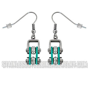 Heavy Metal Jewelry Ladies Motorcycle Mini Bike Chain Earrings Stainless Steel Chrome/Aquamarine