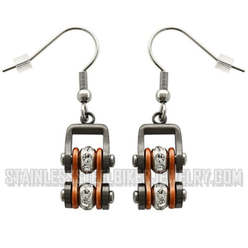 Heavy Metal Jewelry Ladies Motorcycle Gunmetal/Beryllium Orange Biker Earrings Stainless Steel