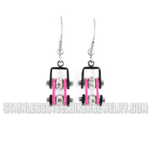 Load image into Gallery viewer, Biker Jewelry Ladies Motorcycle Mini Bike Chain Earrings Stainless Steel Black &amp; Pink