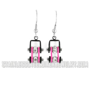 Biker Jewelry Ladies Motorcycle Mini Bike Chain Earrings Stainless Steel Black & Pink