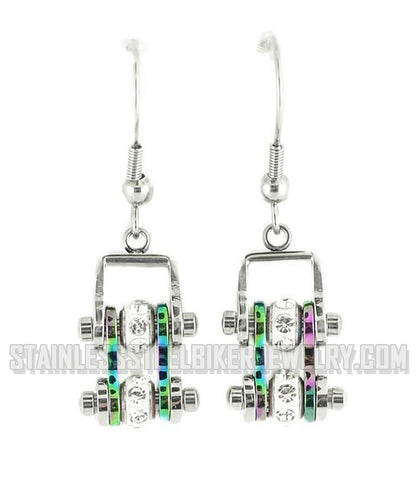 Heavy Metal Jewelry Ladies Motorcycle Mini Bike Chain Earrings Stainless Steel Chrome/Iridescent