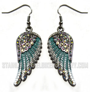 Heavy Metal Jewelry Ladies Bling Wings French Wire Earrings Stainless Steel Turquoise